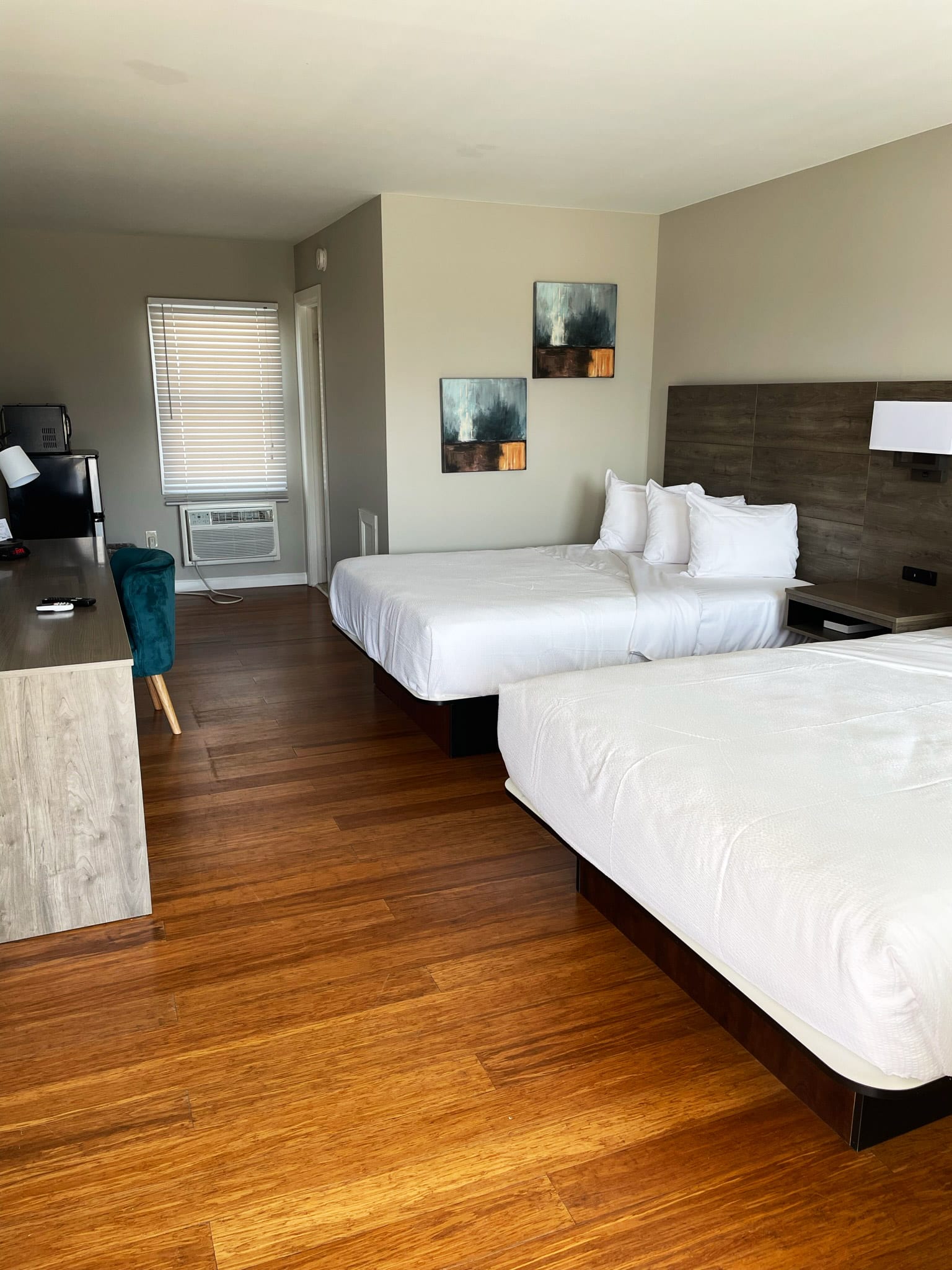 Modern hotel room with two beds